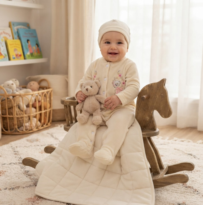 Salopetă bebe din catifea cu botoșei integrați, căciuliță, Medalion [2]