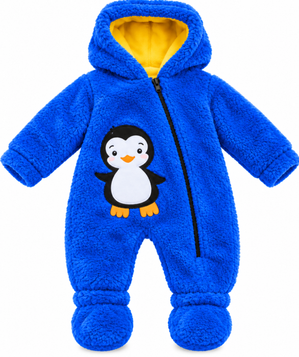 Salopetă Cocolino pentru bebeluși cu glugă și fermoar, Pinguin, Albastru [2]