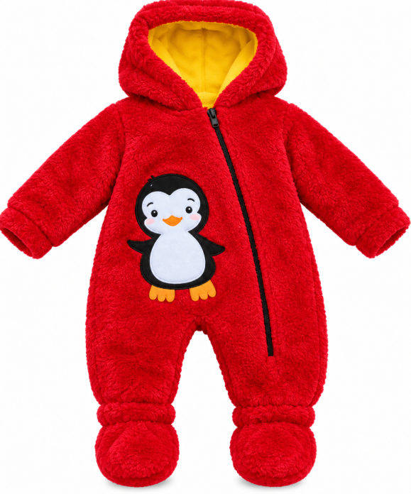 Salopetă Cocolino pentru bebeluși cu glugă și fermoar, Pinguin, Rosu [2]
