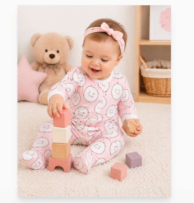 Salopeta fetite, din bumbac, model oite, roz [2]