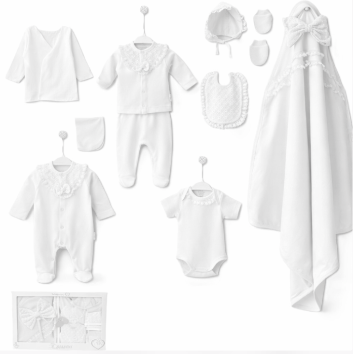 Set 10 piese, Nou născut Con con 0-3 Luni, Bumbac organic, Volant, Alb [3]