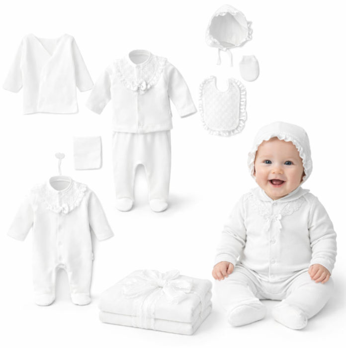 Set 10 piese, Nou născut Con con 0-3 Luni, Bumbac organic, Volant, Alb [2]