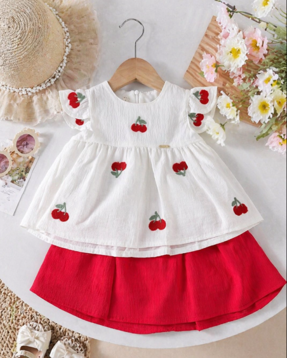 Set 2 piese, bluza si fustita, din panza topita, Model cirese [2]