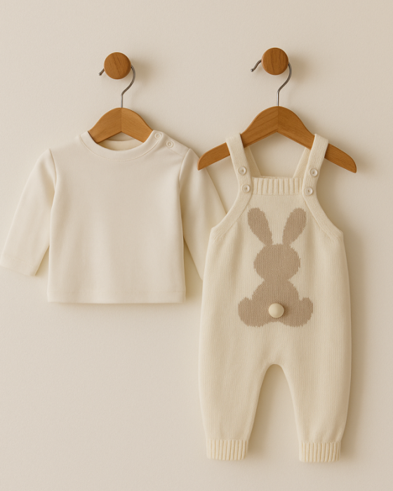 Set 2 piese, Salopeta tricotata si bluzita, Iepuras, Alb [1]