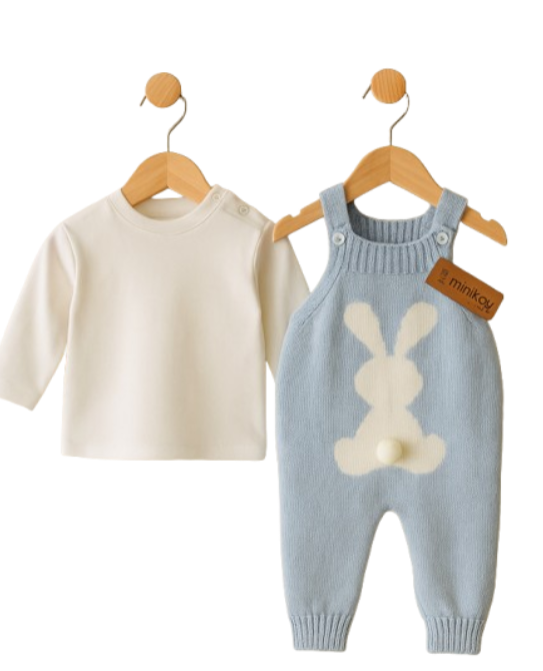 Set 2 piese, Salopeta tricotata si bluzita, Iepuras, Albastru [2]