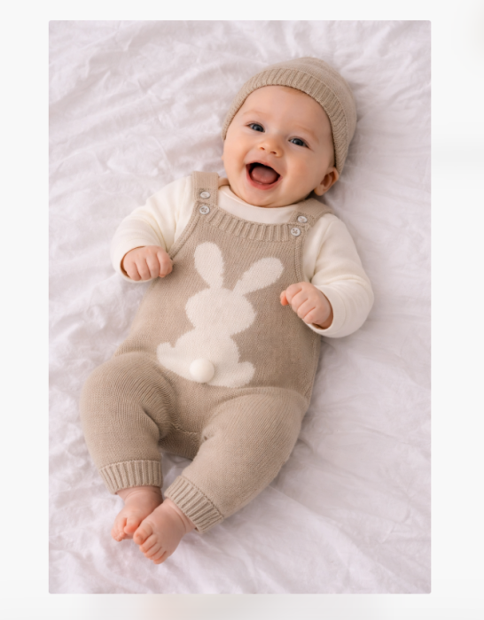 Set 2 piese, Salopeta tricotata si bluzita, Iepuras, Bej [2]