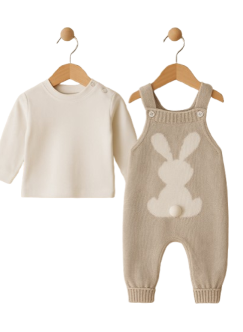 Set 2 piese, Salopeta tricotata si bluzita, Iepuras, Bej [2]