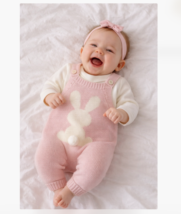 Set 2 piese, Salopeta tricotata si bluzita, Iepuras, Roz [2]