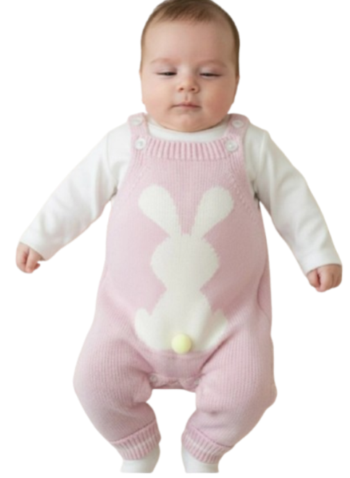 Set 2 piese, Salopeta tricotata si bluzita, Iepuras, Roz [1]