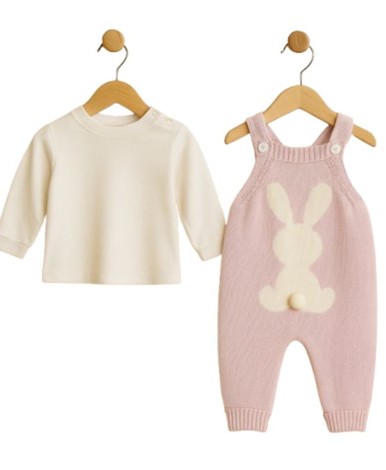 Set 2 piese, Salopeta tricotata si bluzita, Iepuras, Roz [2]
