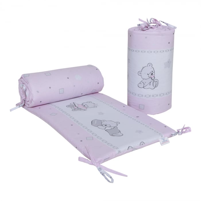 Set 2 protectii, aparatoare, bumbac patut copii, bebelusi, beberoyal 180x35 cm, Bears&Toys Roz [1]