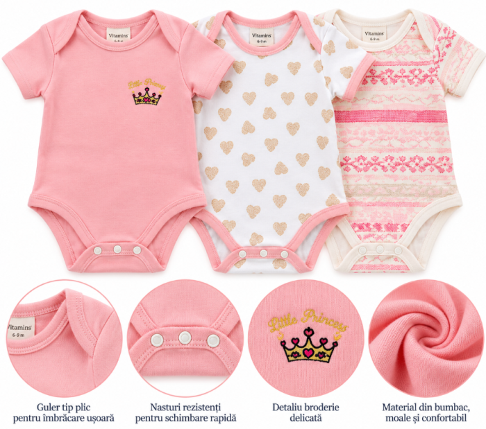 Set 3 body-uri pentru bebeluși, din bumbac, Multicolor, Fetite [2]