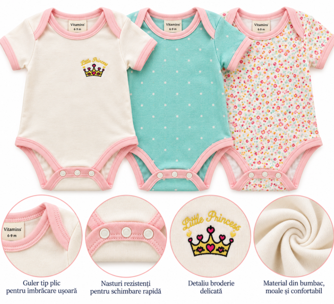 Set 3 body-uri pentru bebeluși, din bumbac, Pentru fetite [2]