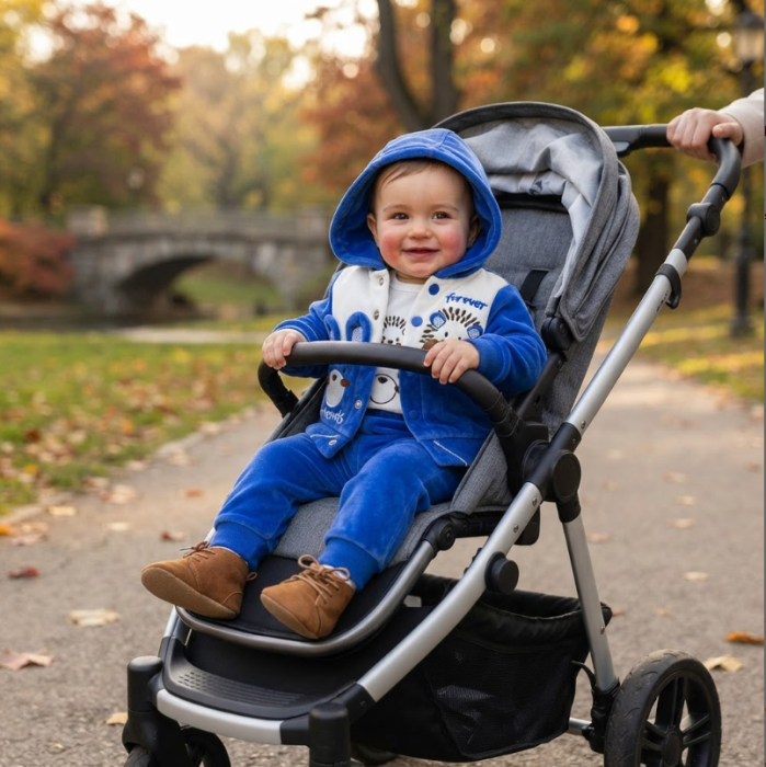 Set 3 piese din catifea pentru bebeluși – Hanorac cu glugă, pantaloni și body, Albastru [3]