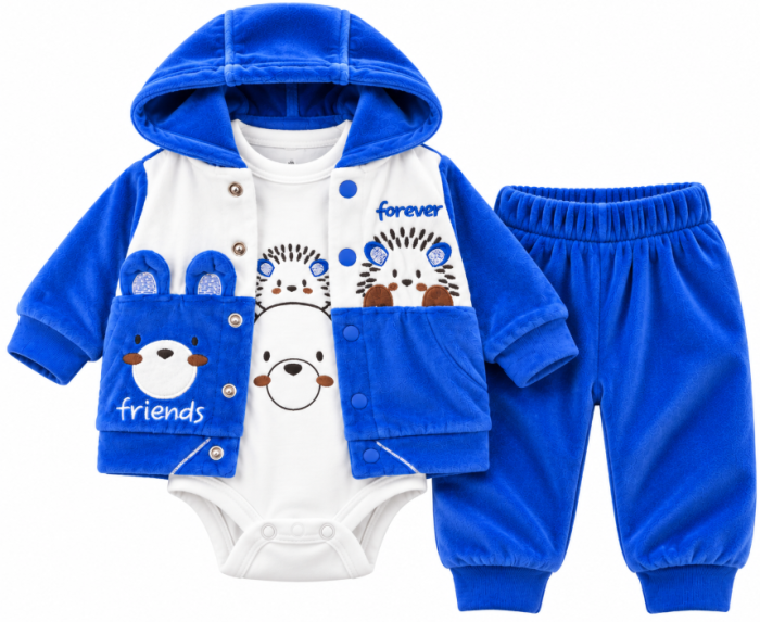 Set 3 piese din catifea pentru bebeluși – Hanorac cu glugă, pantaloni și body, Albastru [2]