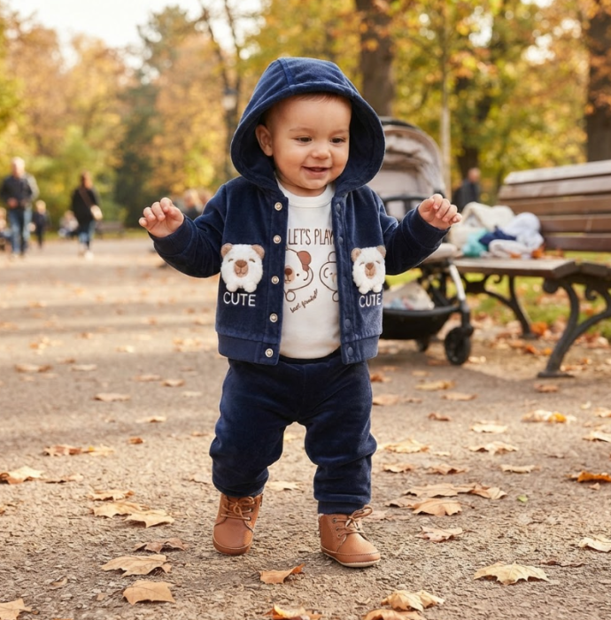 Set 3 piese din catifea pentru bebeluși – Hanorac cu glugă, pantaloni și body, Bleumarin [4]