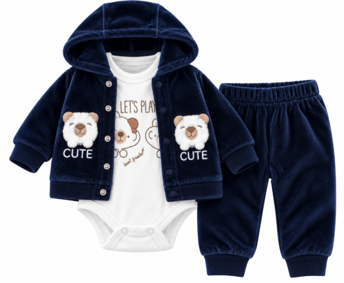 Set 3 piese din catifea pentru bebeluși – Hanorac cu glugă, pantaloni și body, Bleumarin [2]