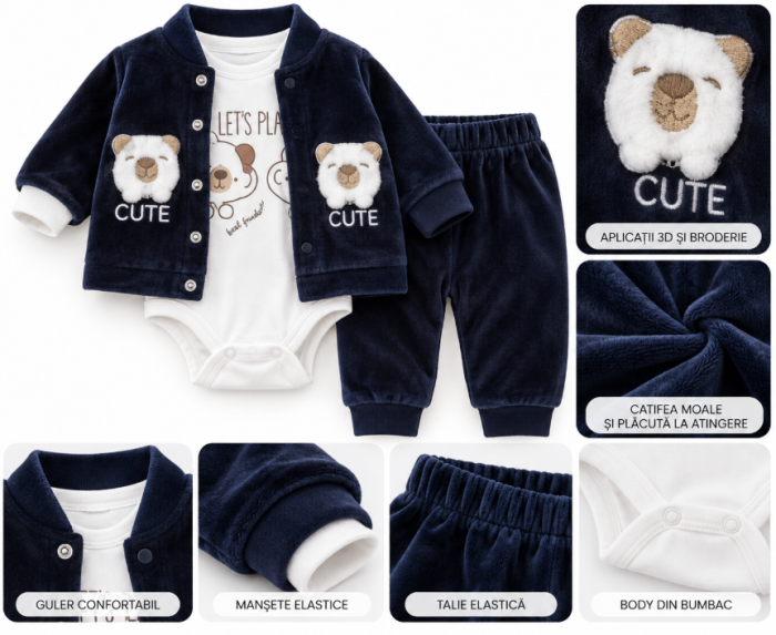 Set 3 piese din catifea pentru bebeluși – Hanorac cu glugă, pantaloni și body, Bleumarin [6]