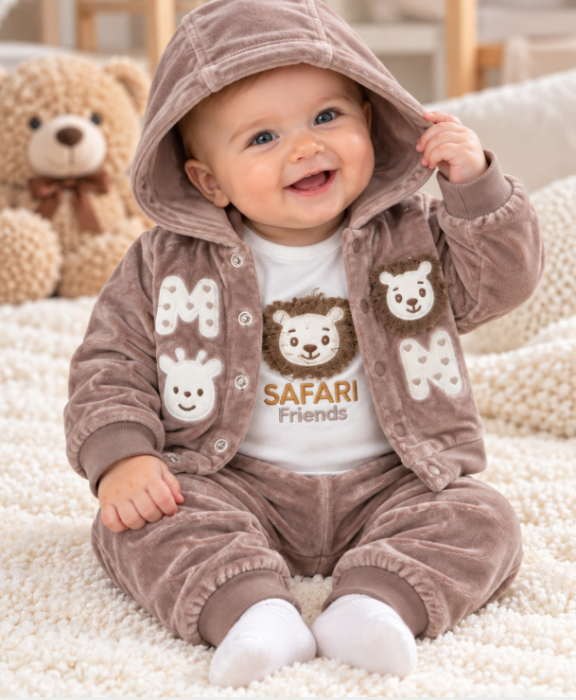 Set 3 piese din catifea pentru bebeluși – Hanorac cu glugă, pantaloni și body, Leut [2]