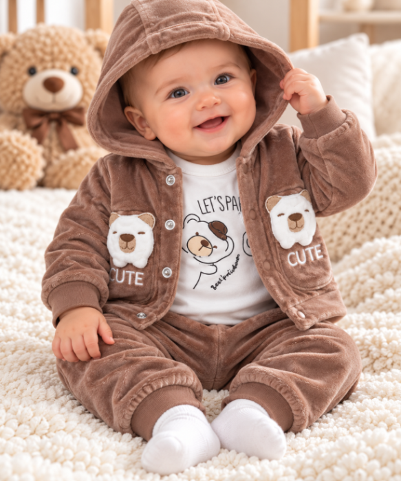 Set 3 piese din catifea pentru bebeluși – Hanorac cu glugă, pantaloni și body, Ursulet [2]