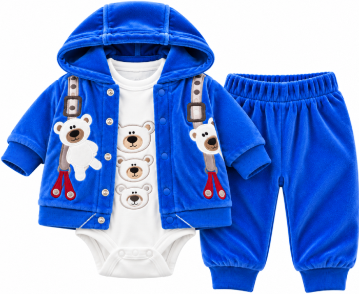 Set 3 piese din catifea pentru bebeluși – Hanorac cu glugă, pantaloni și body, Ursuletul cu bretele [3]