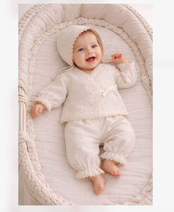 Set 3 piese, din muselina cu accesorii brodate, ivoire, 0-3 luni [2]