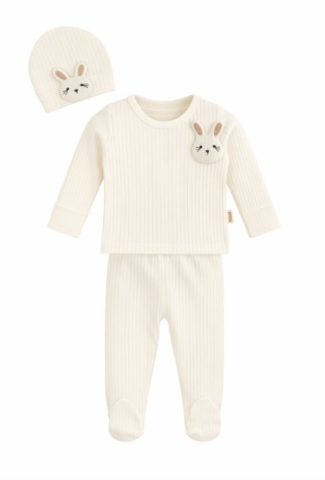 Set 3 piese, Iepuras 3D, Alb, 0-3 luni [2]