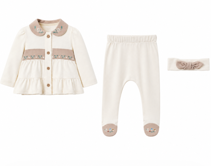 Set 3 piese, Model Vintage, Cu accesorii brodate, 0-3 luni, Cream [3]