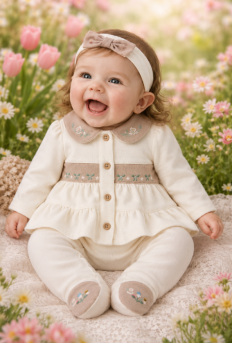 Set 3 piese, Model Vintage, Cu accesorii brodate, 0-3 luni, Cream [1]