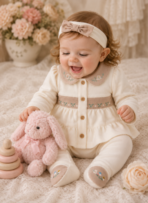 Set 3 piese, Model Vintage, Cu accesorii brodate, 0-3 luni, Cream [2]