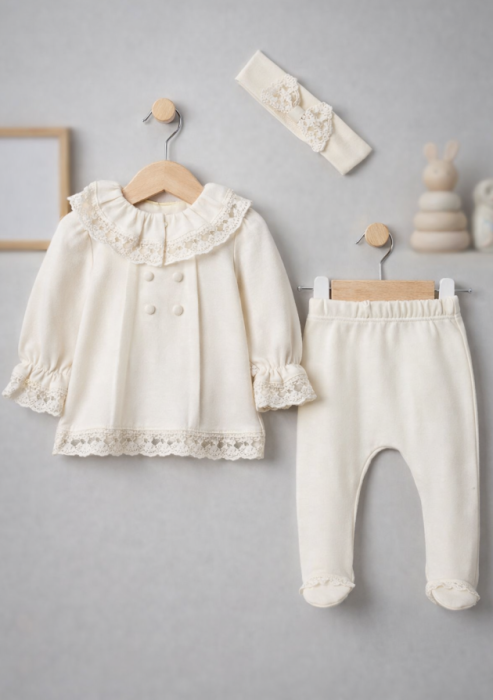 Set 3 piese, Model Vintage, Cu accesorii din dantela, 0-3 luni [2]