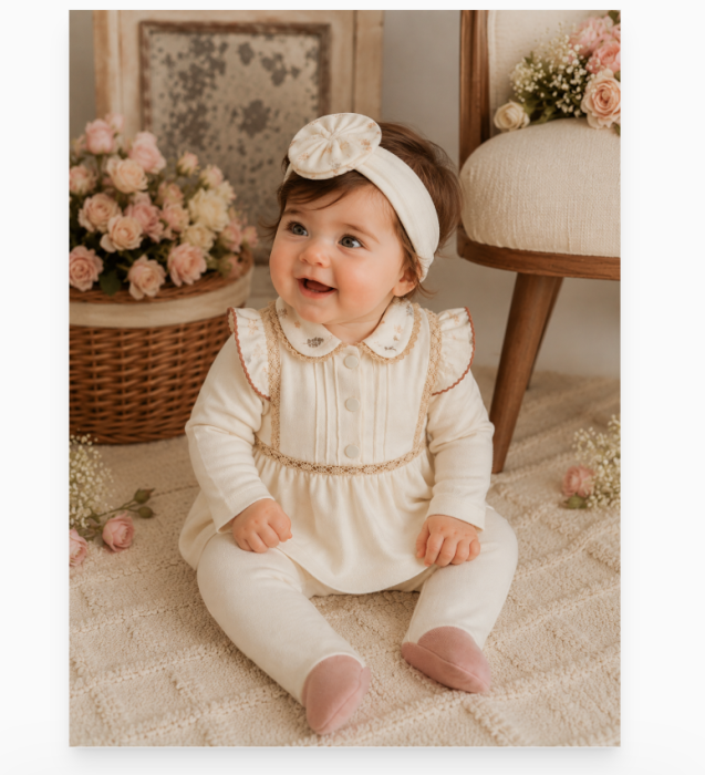 Set 3 piese, Model Vintage, Cu accesorii din dantela, Nasturei decorativi pe piept, 0-3 luni [3]