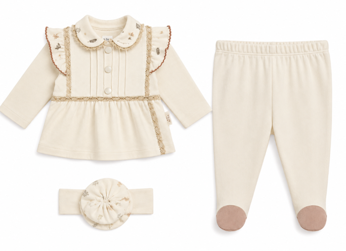 Set 3 piese, Model Vintage, Cu accesorii din dantela, Nasturei decorativi pe piept, 0-3 luni [1]