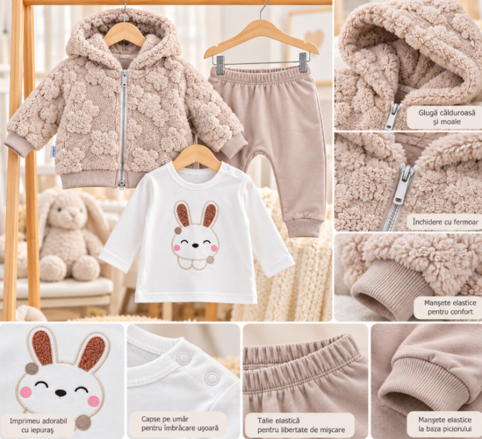 Set 3 piese pentru bebeluși – Geaca cu glugă, pantaloni și bluză cu mânecă lungă, Cappuccino [2]