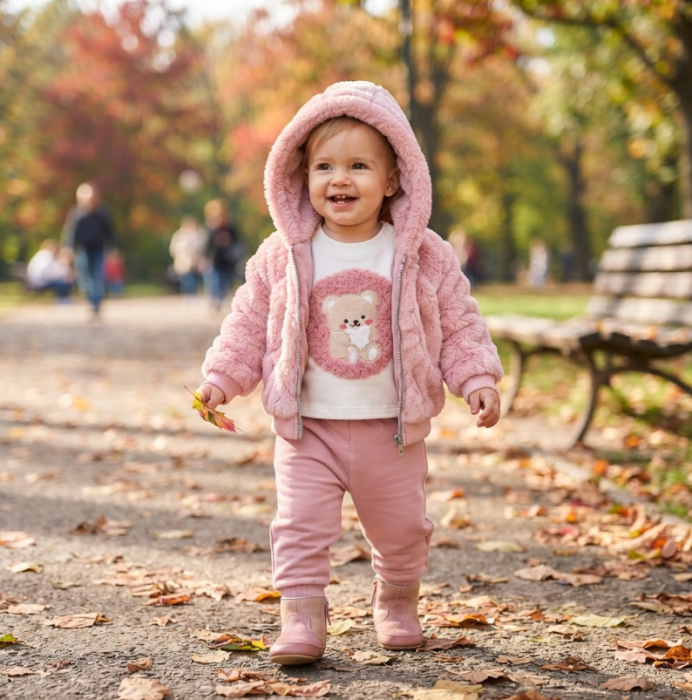 Set 3 piese pentru bebeluși – Geaca cu glugă, pantaloni și bluză cu mânecă lungă, Ursulina roz [3]