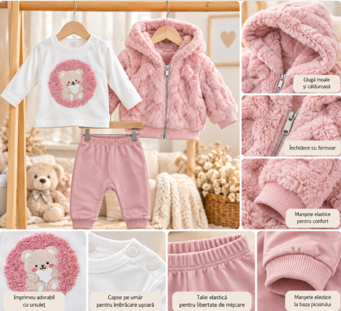Set 3 piese pentru bebeluși – Geaca cu glugă, pantaloni și bluză cu mânecă lungă, Ursulina roz [2]