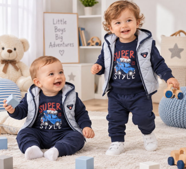 Set 3 piese pentru copii cu vestă matlasată – confort și stil, Gri [2]
