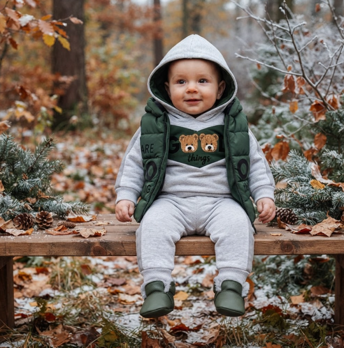 Set 3 piese pentru copii – hanorac cu glugă, pantaloni și vestă matlasată, Verde [2]