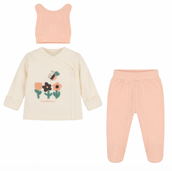 Set 3 piese pentru fetite, 0-3 luni, Imprimeu floral 3D, corai [2]