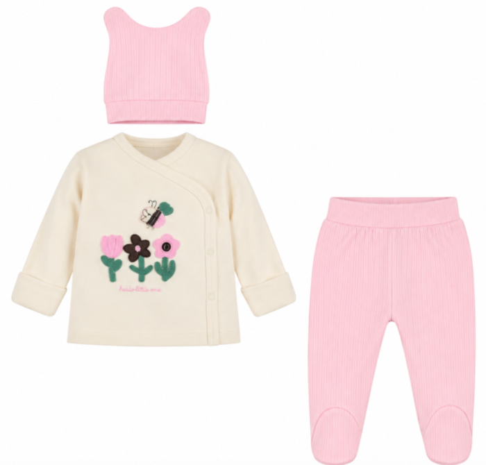 Set 3 piese pentru fetite, 0-3 luni, Imprimeu floral 3D, roz [2]