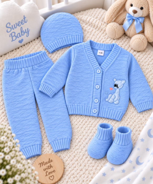 Set 4 piese tricotat, pentru bebe, Albastru [3]