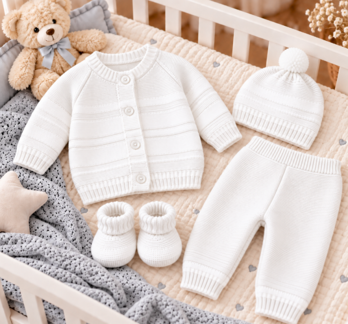 Set 4 piese tricotat, pentru bebe, Bubu, Alb [3]