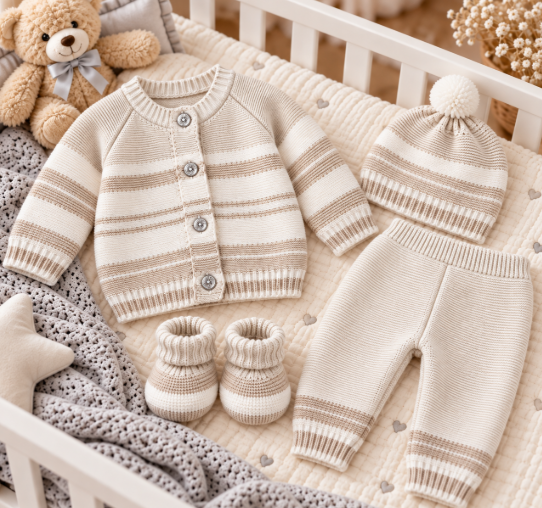 Set 4 piese tricotat, pentru bebe, Bubu, bej [2]