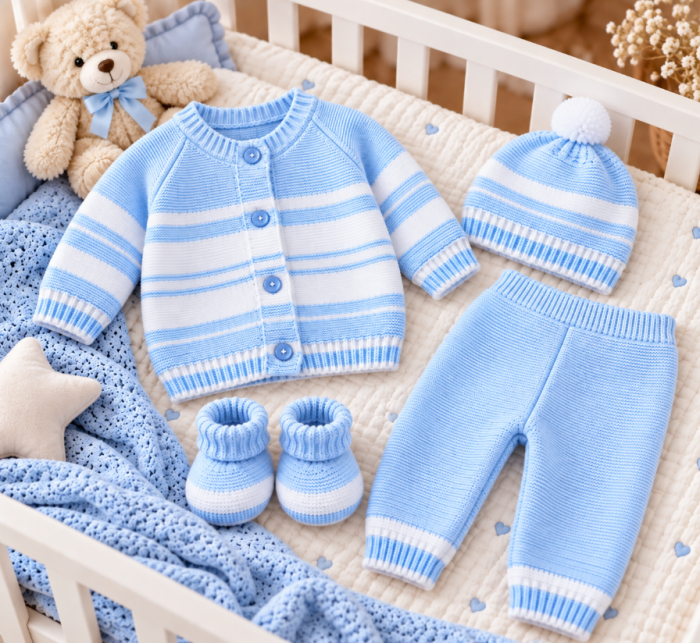 Set 4 piese tricotat, pentru bebe, Bubu, Bleu [3]
