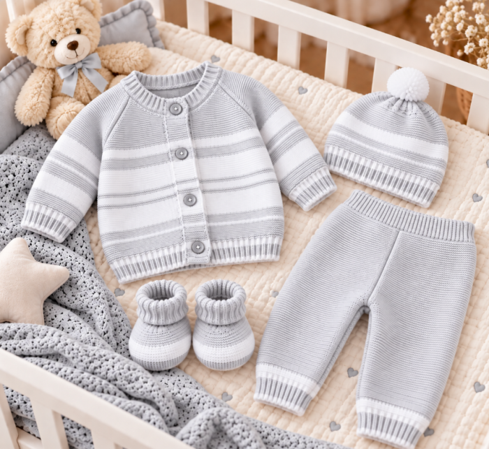 Set 4 piese tricotat, pentru bebe, Bubu, Gri cald [2]