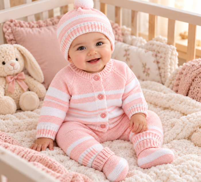 Set 4 piese tricotat, pentru bebe, Bubu, roz [4]