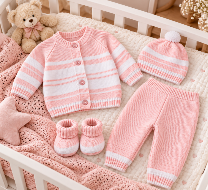 Set 4 piese tricotat, pentru bebe, Bubu, roz [3]