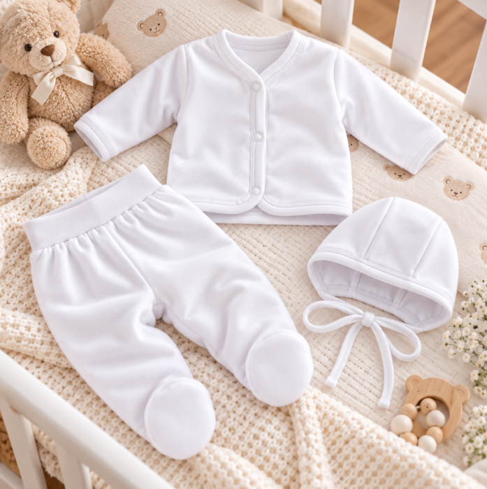 Set 3 piese, bluza, pantaloni si caciulita, pentru maternitate, alb, Fabricat in Romania [3]