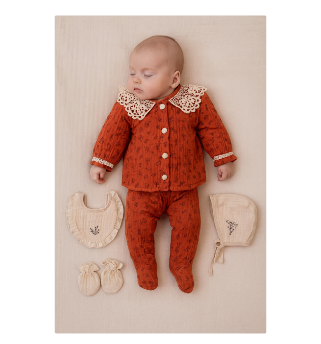 Set 5 piese, Nou născut Con con 0-3 Luni, Bumbac organic, Brodat stil Vintage, Rosu [2]