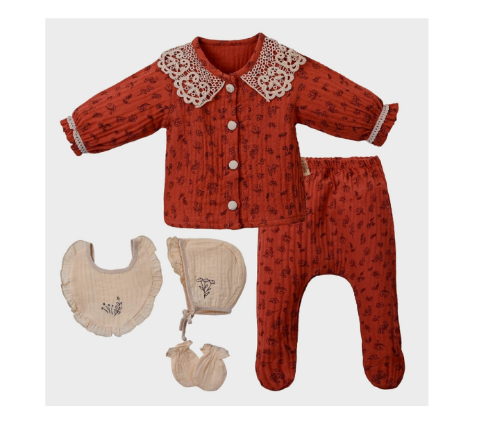 Set 5 piese, Nou născut Con con 0-3 Luni, Bumbac organic, Brodat stil Vintage, Rosu [2]